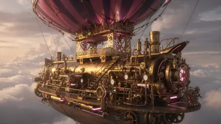 Steampunk airship of brass, gears and pipes beneath a striped balloon drifting over clouds — 4K Ultra HD PC desktop wallpaper and background.
