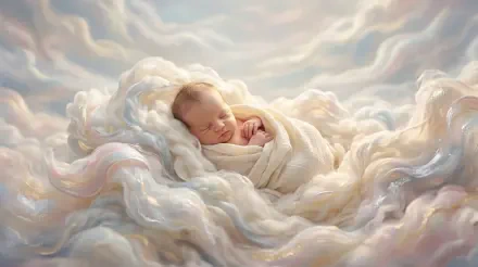 5K Ultra HD PC desktop wallpaper: a sleeping newborn swaddled in creamy, cloud-like blankets, resting among soft pastel clouds in a dreamy, ethereal scene.