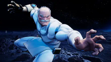 HD PC desktop wallpaper of Conquest (Invincible) from the Invincible VS video game, lunging in white armor over a cratered moon under a starry sky.