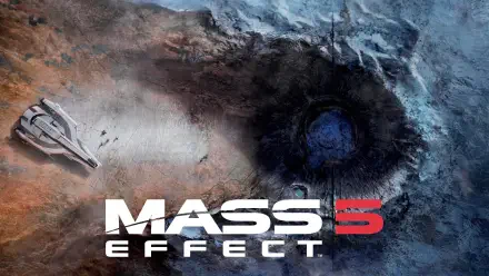 Mass Effect 5 logo over a scarred alien surface with a deep crater and a hovering ship; 4K Ultra HD PC desktop wallpaper background showcasing sci-fi video game art.