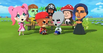 Tomodachi Life: Living the Dream HD PC desktop wallpaper featuring Tomodachi Life Mii characters — pirate, mushroom, pink-haired girl and others — gathered on a sunny park bench.