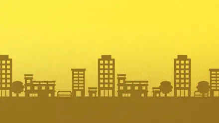 Tomodachi Life: Living the Dream HD PC desktop wallpaper — brown city skyline silhouette on a warm yellow gradient background.