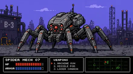 Pixel-art spider mech prowling a ruined cityscape with HUD and weapons readouts — 4K Ultra HD PC desktop wallpaper and background.