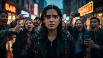 4K Ultra HD PC desktop wallpaper: a lone woman in a neon city, looking distressed while a crowd around her laughs and films her.