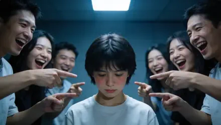 4K Ultra HD PC desktop wallpaper: a lone child looks down while surrounding figures point and laugh, capturing the mood tagged alone, laughing at me.