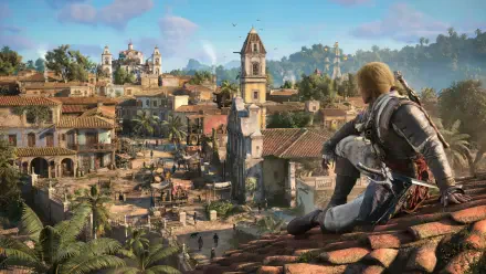 Hooded pirate assassin perched on a tiled roof overlooking a sunlit Caribbean colonial town and harbor — Assassin's Creed Black Flag Resynced 4K Ultra HD PC desktop wallpaper