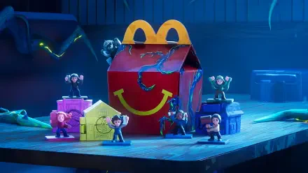 4K Ultra HD PC desktop wallpaper: McDonald's Happy Meal box at center with Stranger Things: Tales from '85 miniature characters in a spooky, toy-like crossover scene.