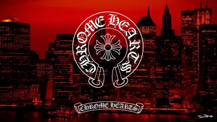 Chrome Hearts emblem with floral cross over a red city skyline — 2K Quad HD PC desktop wallpaper and background.