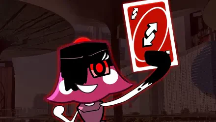 Dandy's World video game 4K Ultra HD PC wallpaper and background: grinning pink bell-shaped character with black hair and a red eye holds a red reverse-style card against a stylized cityscape.