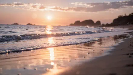 Beach sunset 4K Ultra HD PC desktop wallpaper and background: golden sun sinking behind distant rocks, gentle waves washing reflective wet sand beneath a pastel sky.