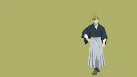 Yellow-themed 2K Quad HD desktop wallpaper of Naoya Zenin (Jujutsu Kaisen 3rd Season) in a hakama, walking against a muted yellow background.