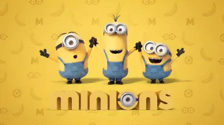 Minions (Movie) characters Kevin, Stuart, and Bob pose on a yellow banana-patterned background with the Minions logo; 4K Ultra HD PC desktop wallpaper.