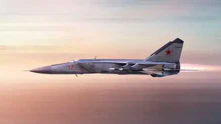 Side view of a Russian Air Force Mikoyan-Gurevich MiG-25 jet fighter in flight over a pastel sky; 4K Ultra HD military aircraft desktop wallpaper.
