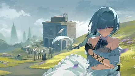 Video game 2K Quad HD wallpaper: Phrolova from Wuthering Waves sits wounded with a bandaged arm across her chest on a grassy hill, distant building and figures beneath a cloudy sky.