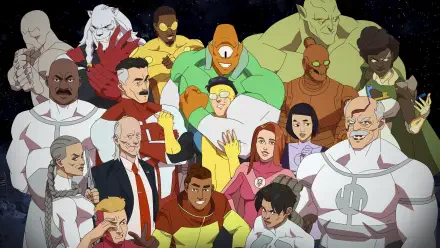 4K Ultra HD PC desktop wallpaper and background featuring all characters from the TV show Invincible in a cartoon group portrait set against a starry space backdrop.