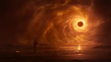 4K Ultra HD PC desktop wallpaper for the video game Saros: lone figure on a beach watches a fiery spiral sun/black hole over the ocean, casting molten reflections.