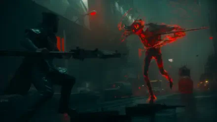 4K Ultra HD PC desktop wallpaper — Dark Gaming Control Resonant boss fight: silhouetted shooter aims a rifle at a red-glowing humanoid enemy amid a ruined, dim industrial chamber.