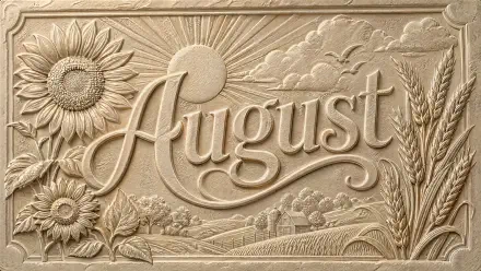 4K Ultra HD PC Desktop Wallpaper and Background: embossed sandstone relief reading August with sun, sunflowers, wheat, birds and rolling fields in carved detail.