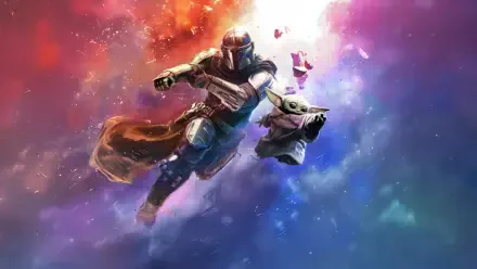 5K Ultra HD PC desktop wallpaper of the Mandalorian carrying Grogu through a vibrant, colorful nebula with stars and glowing cosmic light.
