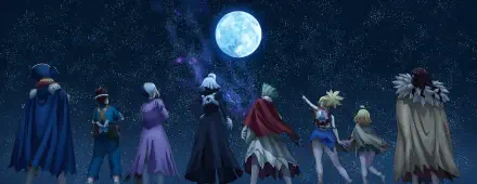 Anime — Dr. Stone 2K Quad HD PC desktop wallpaper/background: characters stand with backs to viewer, gazing at a bright full moon and a Milky Way–filled starry night sky