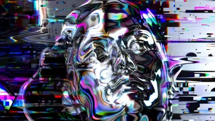 4K Ultra HD desktop wallpaper: abstract chrome liquid-metal humanoid face with rainbow reflections and digital glitch streaks on a dark background.