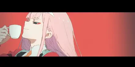 Zero Two (Darling in the FranXX) in profile with pink hair and a sly smile against a coral-red backdrop — ultrawide 2K Quad HD anime PC desktop wallpaper.