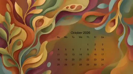 October 2026 calendar over abstract autumn leaf swirls in warm orange and green — 5K Ultra HD PC desktop wallpaper and background