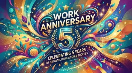 Vibrant 5K Ultra HD PC desktop wallpaper celebrating a 5-year work anniversary with Work Anniversary headline, laurel wreath, stars and colorful swirling confetti.
