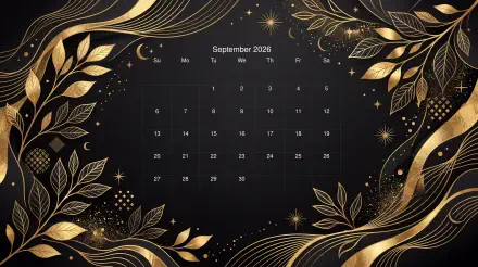 September 2026 calendar on a black grid framed by ornate gold leaves and flowing ribbons — 5K Ultra HD PC Desktop Wallpaper and Background.