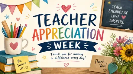 4K Ultra HD PC desktop wallpaper showing Teacher Appreciation Week in colorful letters, heart, pencils, mug, chalkboard reading Teach Encourage Love Inspire, thank-you notes and flowers.