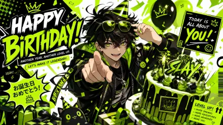 Vibrant anime birthday 4K Ultra HD PC desktop wallpaper: grinning dark-haired character in party hat points at viewer amid neon green-and-black cake, balloons, confetti and 'Happy Birthday' text.