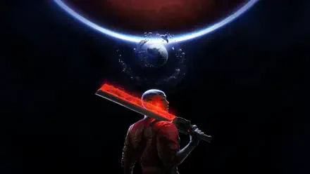 Silhouetted heretic warrior with a glowing red blade faces a ringed planet and small Earth-like moon; 4K Ultra HD PC desktop wallpaper from the video game Intergalactic: The Heretic Prophet.