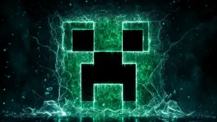 Neon green Minecraft Creeper face formed from electric shards and glowing mist — 4K Ultra HD PC desktop wallpaper/background.