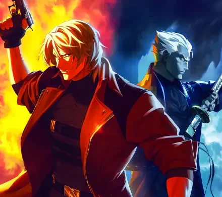 Anime 5K Ultra HD PC desktop wallpaper of Dante (Devil May Cry) from Devil May Cry (Anime): red-jacketed Dante bathed in fire with a blue-toned rival standing behind him.