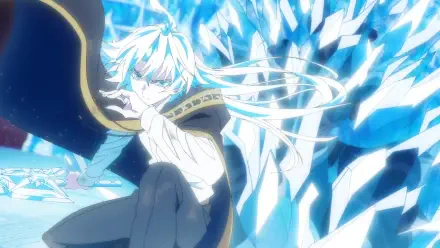 HD PC desktop wallpaper: Will Serfort from Wistoria: Wand and Sword — anime scene of a white-haired mage in a dark cloak, glowing blue crystal shards bursting behind him.