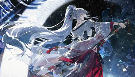 Hiyuki (Wuthering Waves) in a flowing white-and-red kimono, long silver hair and katana against a moonlit, snowy starfield — 4K Ultra HD PC desktop wallpaper and background.