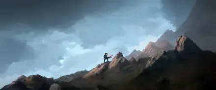 Windrose video game 2K Quad HD PC desktop wallpaper/background: silhouetted traveler with staff atop rocky ridge beneath turbulent clouds and distant mountain peaks.