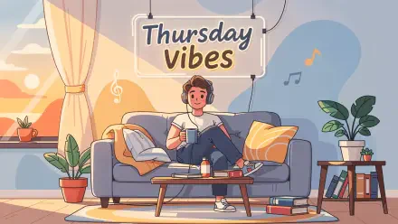 4K Ultra HD PC desktop wallpaper: Thursday vibes — person lounging on a sofa with coffee and headphones in a sunlit, plant-filled living room with books.