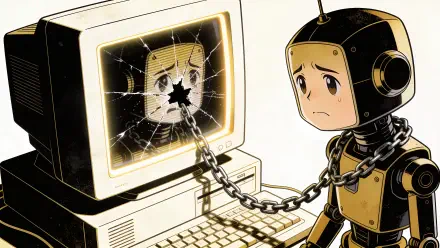 Sci-fi 4K Ultra HD PC desktop wallpaper: a sad, childlike robot chained to a vintage CRT computer whose shattered screen reflects its face.
