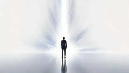 Clean 4K Ultra HD PC desktop wallpaper: a silhouetted figure stands before a radiant white light, soft blue beams and a mirrored reflective floor.