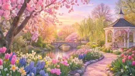 4K Ultra HD PC desktop wallpaper: pastel spring garden scene with blooming cherry blossoms, tulips, daffodils, willow, stone bridge and gazebo beside a reflective pond at sunrise.