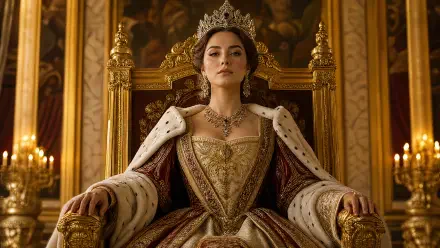 4K Ultra HD PC wallpaper: a woman empress in full Royalty regalia—gold embroidered coronation gown and crown—seated on an ornate golden throne as a dramatic background.