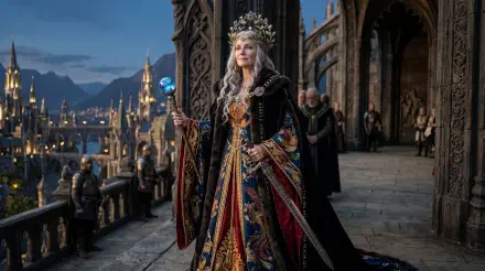 5K Ultra HD fantasy wallpaper: a regal empress in an ornate crown and embroidered robes holds a jeweled staff on a castle balcony overlooking a glowing medieval city.