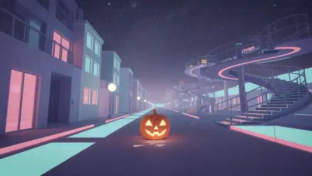 Minimal Halloween 4K Ultra HD PC desktop wallpaper: lone glowing jack-o'-lantern on a neon pastel street, flanked by sparse modern buildings and a spiral ramp under a starry night sky.