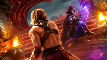 Masters of the Universe (2026) 4K Ultra HD PC desktop wallpaper and background: He-Man confronts a hooded sorcerer on fiery, ruinous steps beneath a stormy sky.