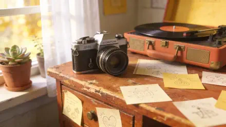 Indie aesthetic 4K Ultra HD PC desktop wallpaper: vintage camera on a worn wooden desk scattered with doodle notes, vinyl record player and potted plant by a sunlit window.