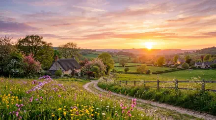 5K Ultra HD PC desktop wallpaper — spring sunset over rolling countryside, wildflowers lining a winding lane to a cottage as the golden sun sinks behind distant hills.