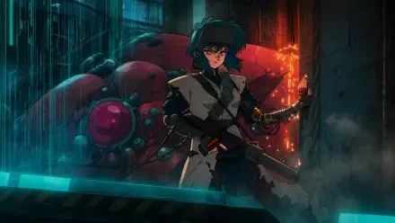 The Ghost In The Shell (2026) 4K Ultra HD PC desktop wallpaper: cybernetic officer in a rain-soaked alley with a glowing red mech, neon teal and orange lighting.