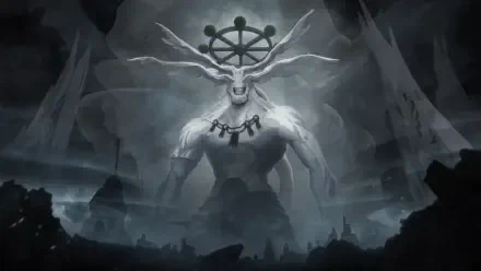 Mahoraga from Jujutsu Kaisen — towering horned, muscular guardian with branching antlers and chained collar looming over a misty ruined city; 4K Ultra HD PC desktop wallpaper/background.