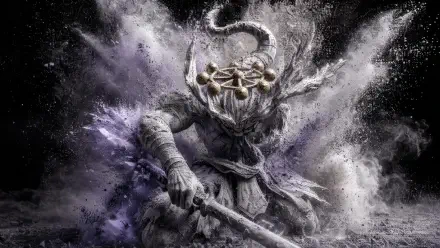Mahoraga (Jujutsu Kaisen) in a storm of ash and smoke, horned armored warrior gripping a staff — 4K Ultra HD PC desktop wallpaper background.